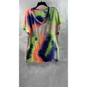 UNBRANDED Women's Multicolor Tie-Dye V-Neck Short Sleeve T-Shirt SZ XL